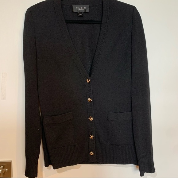 St. John Caviar Small Black Sleeve, V-Neck Cardigan, Lightweight Wool Blend. - Picture 1 of 8